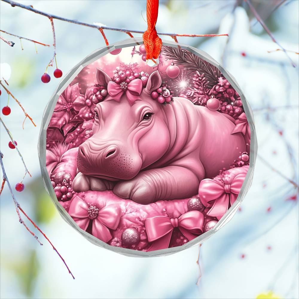 Hippo Pink Christmas Design 2 Glass Ornament