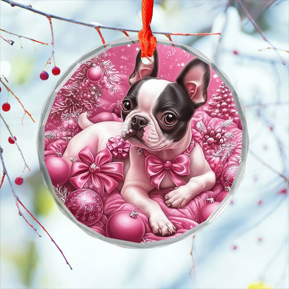 Boston Terrier Dog Pink Christmas Design 1 Glass Ornament
