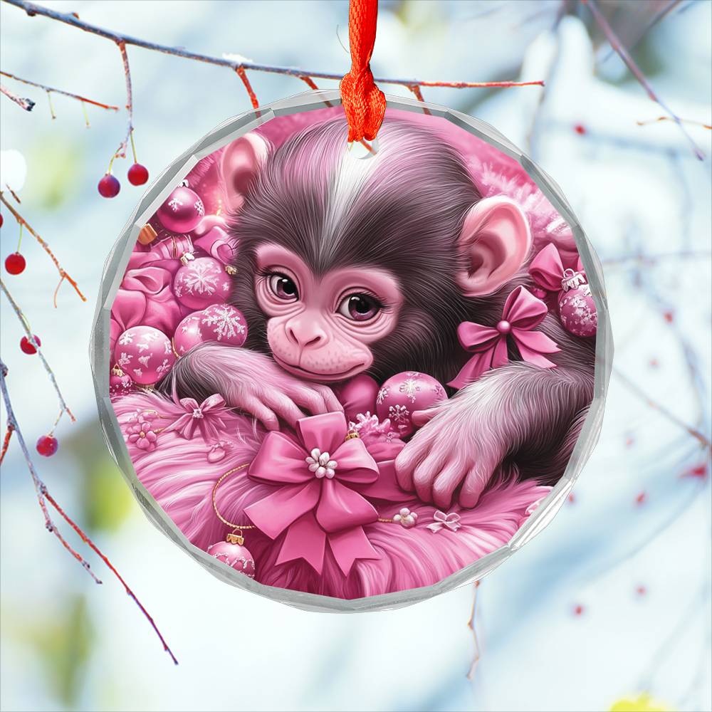 Monkey Pink Christmas Design 1 Glass Ornament