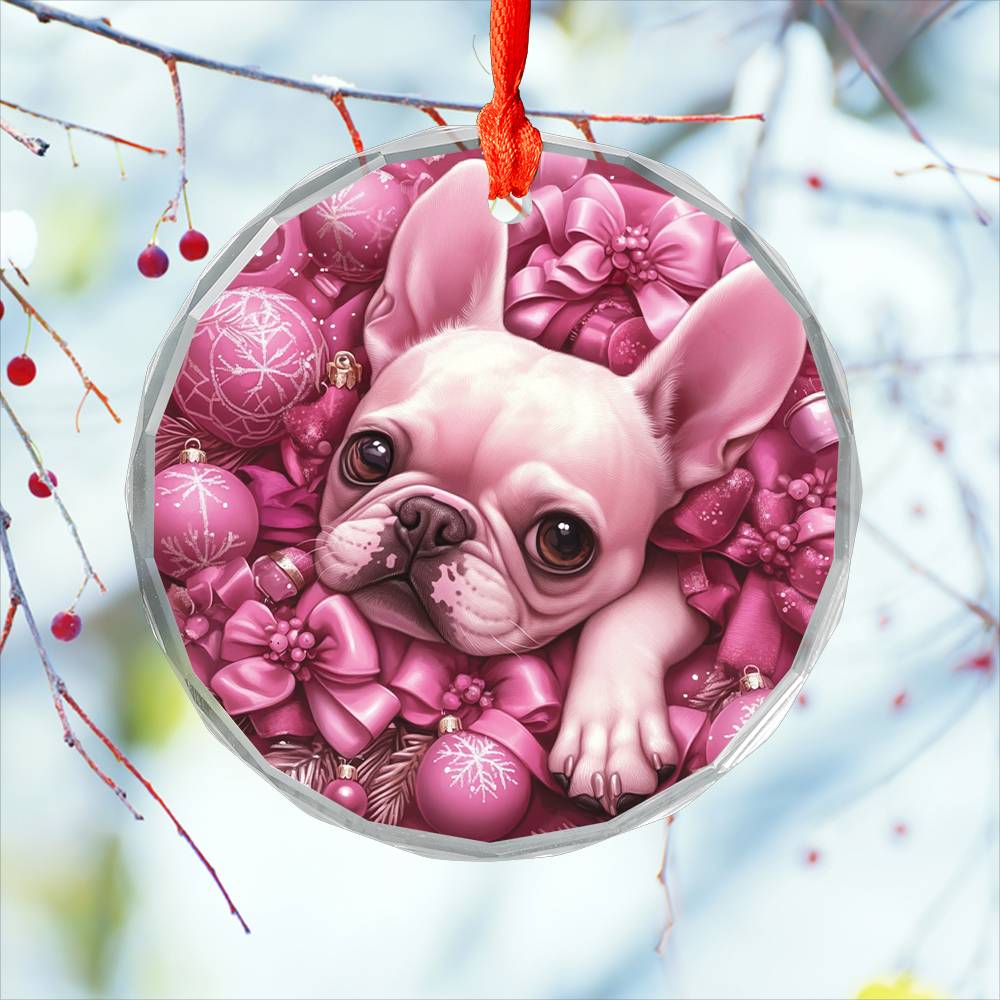 French Bulldog Pink Christmas Design 3 Glass Ornament