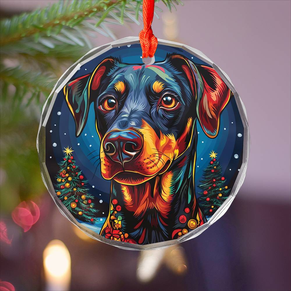 Beautiful Angus Doberman Pinscher Dog Christmas Night Design 3 Glass Ornament