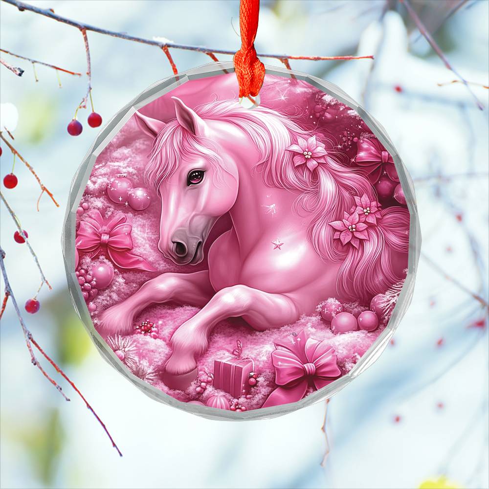 Horse Pink Christmas Design 1 Glass Ornament