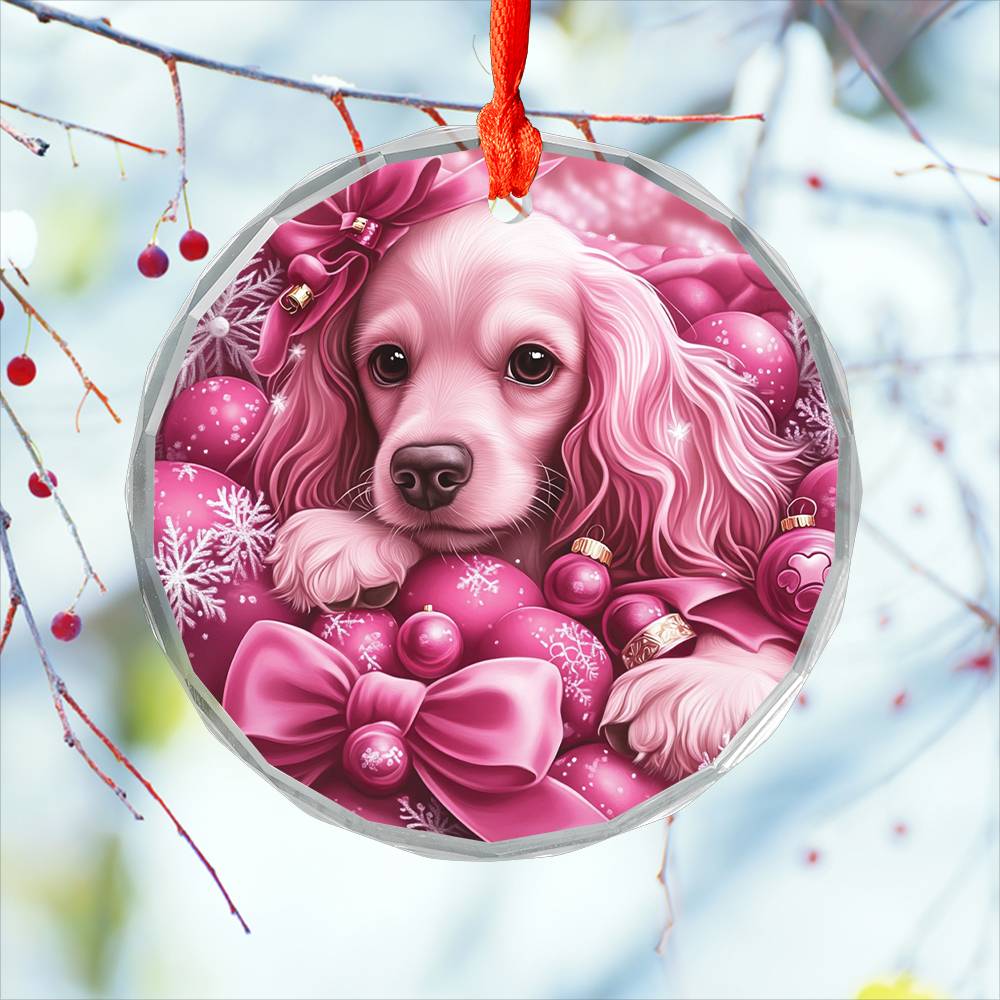 Cocker Spaniel Dog Pink Christmas Design 2 Glass Ornament