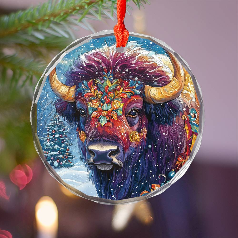 Beautiful Bison Christmas Night Design 4 Glass Ornament
