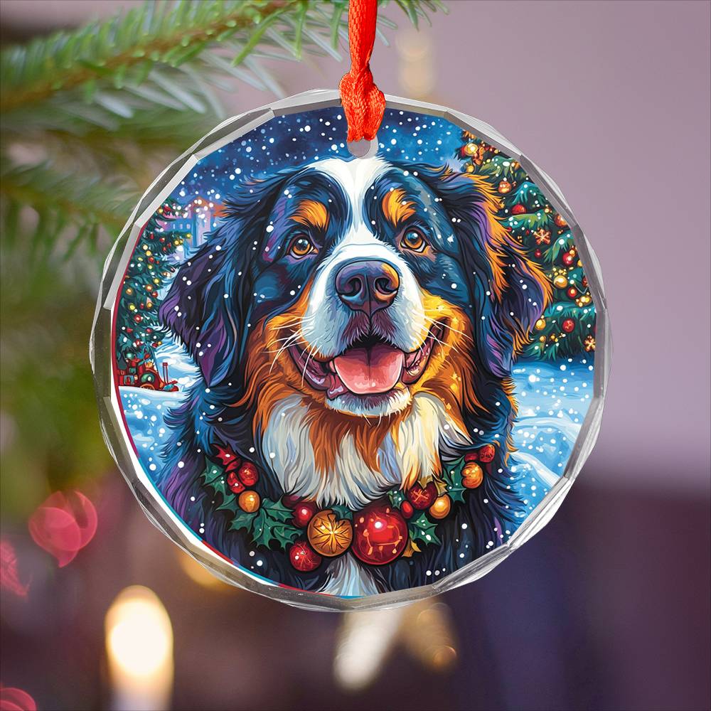 Beautiful Angus Bernese Mountain Dog Christmas Night Design 1 Glass Ornament