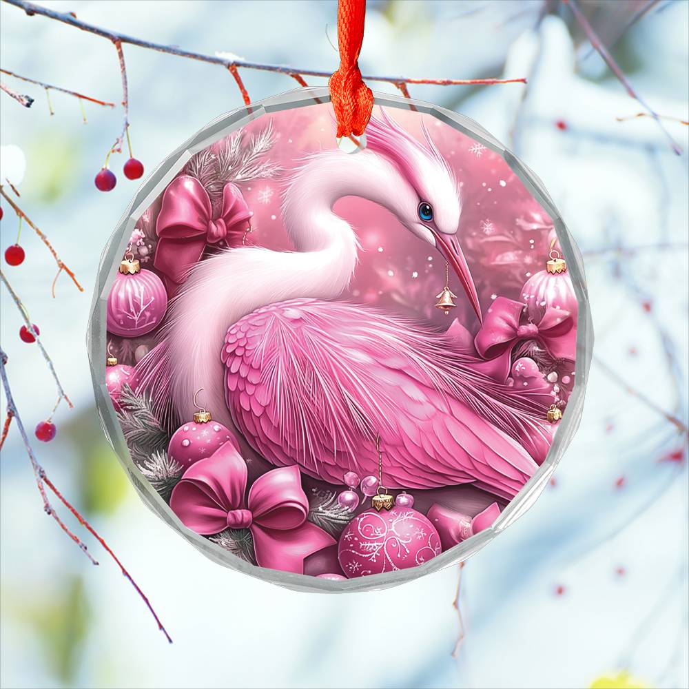 Heron Pink Christmas Design 2 Glass Ornament