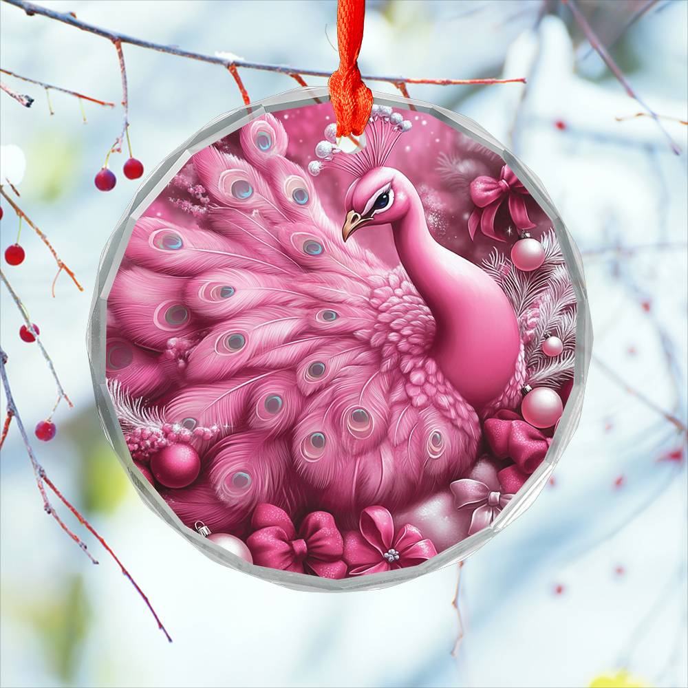 Peacock Pink Christmas Design 4 Glass Ornament