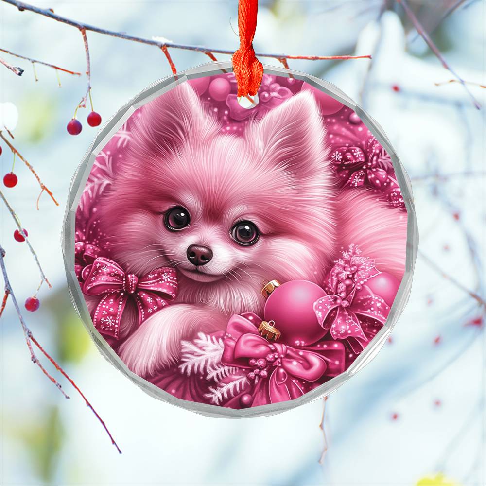 Pomeranian Dog Pink Christmas Design 3 Glass Ornament
