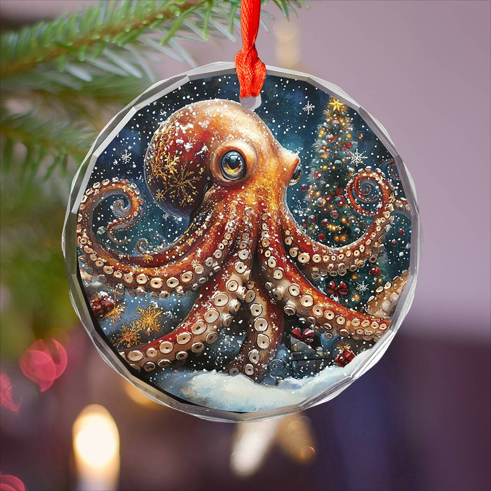 Beautiful Angus Octopus Christmas Night Design 2 Glass Ornament
