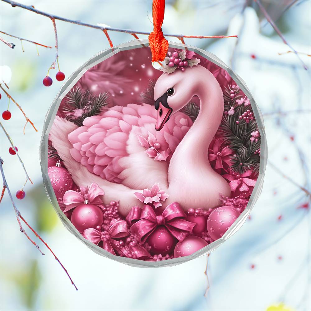 Swan Pink Christmas Design 1 Glass Ornament