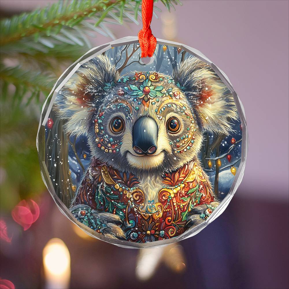 Beautiful Angus Koala Christmas Night Design 3 Glass Ornament
