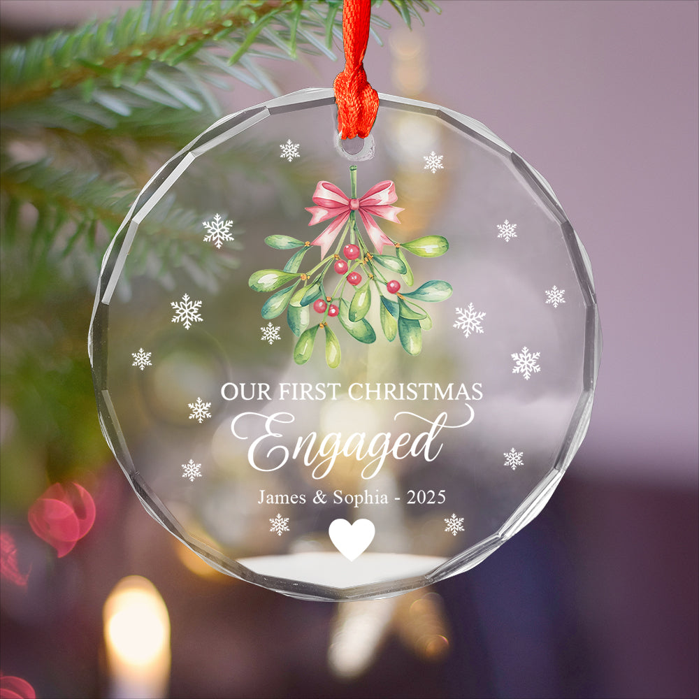 Mistletoe Our First Christmas Engaged - Personalized Circle Glass Ornament2