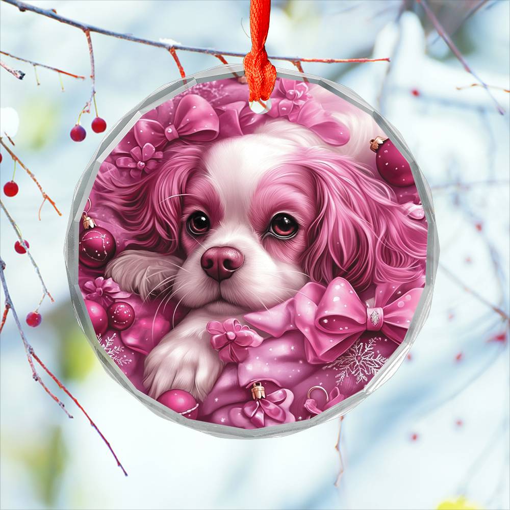 Cavalier King Charles Spaniel Dog Pink Christmas Design 1 Glass Ornament