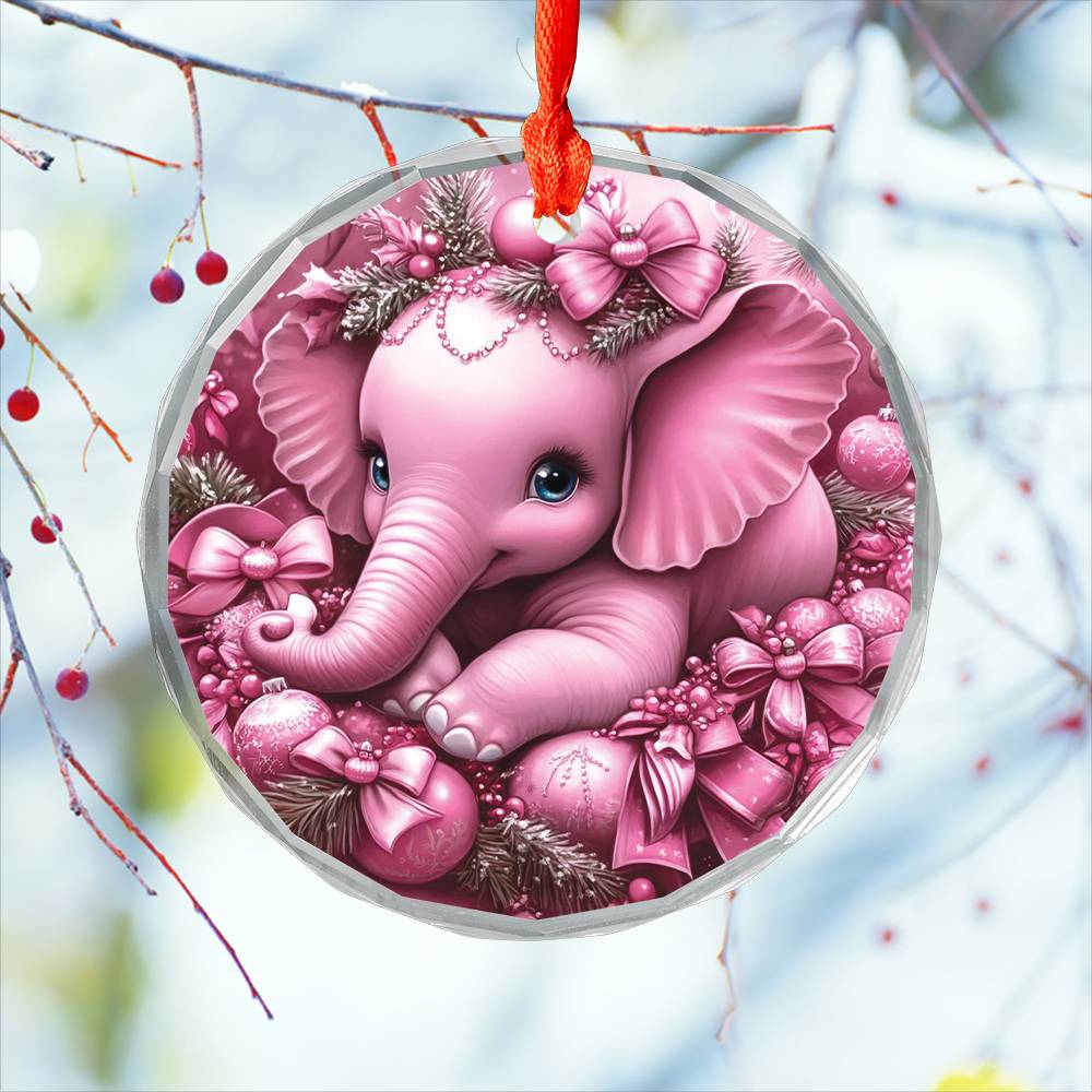 Elephant Pink Christmas Design 2 Glass Ornament