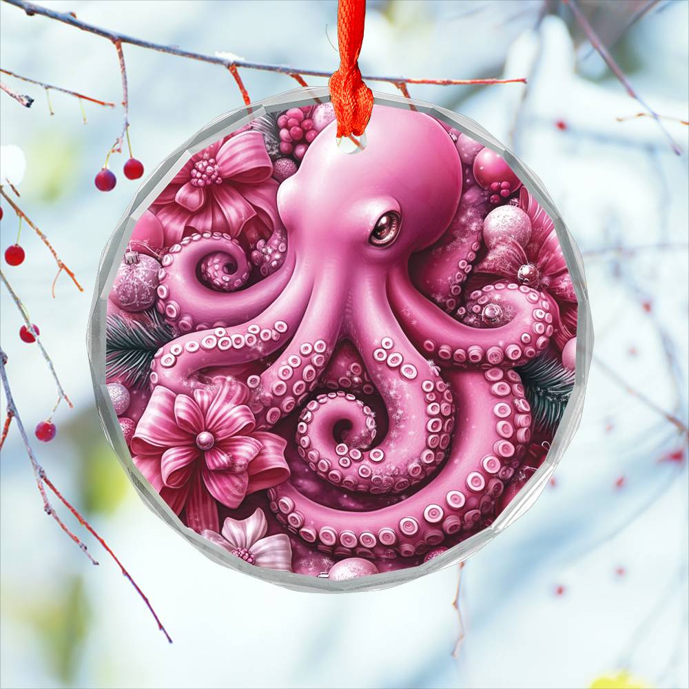 Octopus Pink Christmas Design 1 Glass Ornament