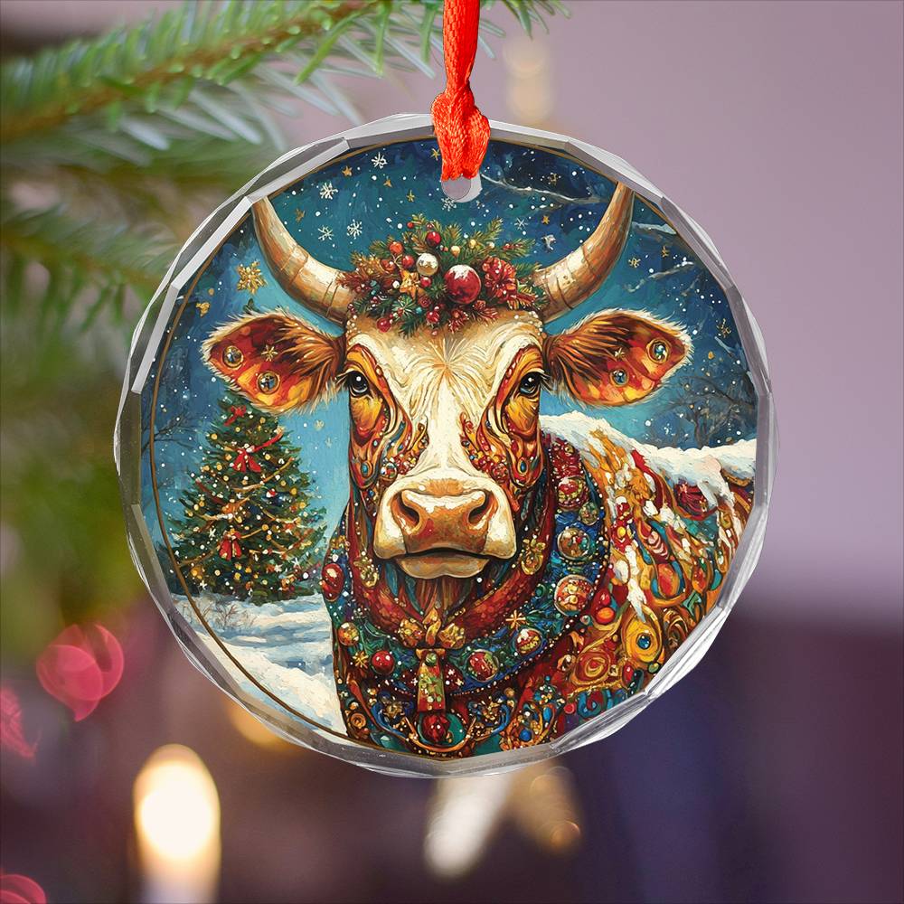 Beautiful Longhorn Cow Christmas Night Design 1 Glass Ornament