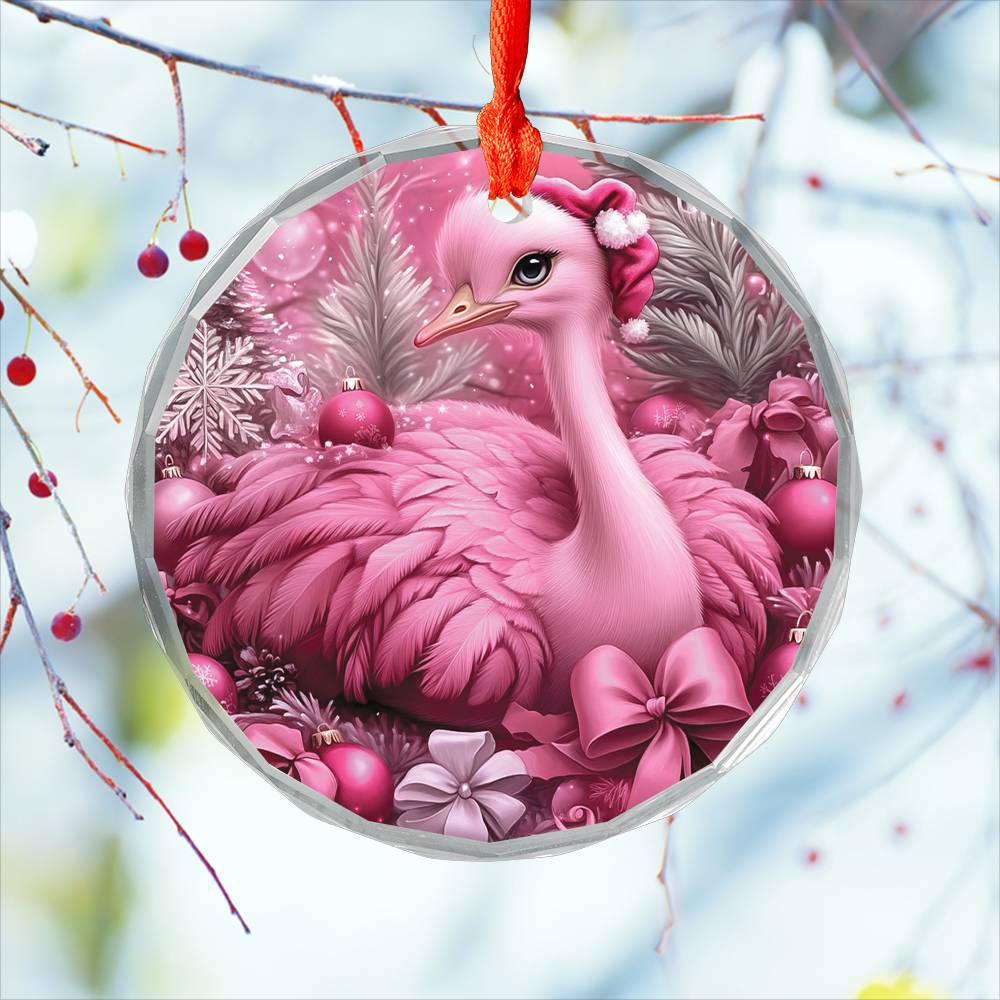 Ostrich Pink Christmas Design 3 Glass Ornament