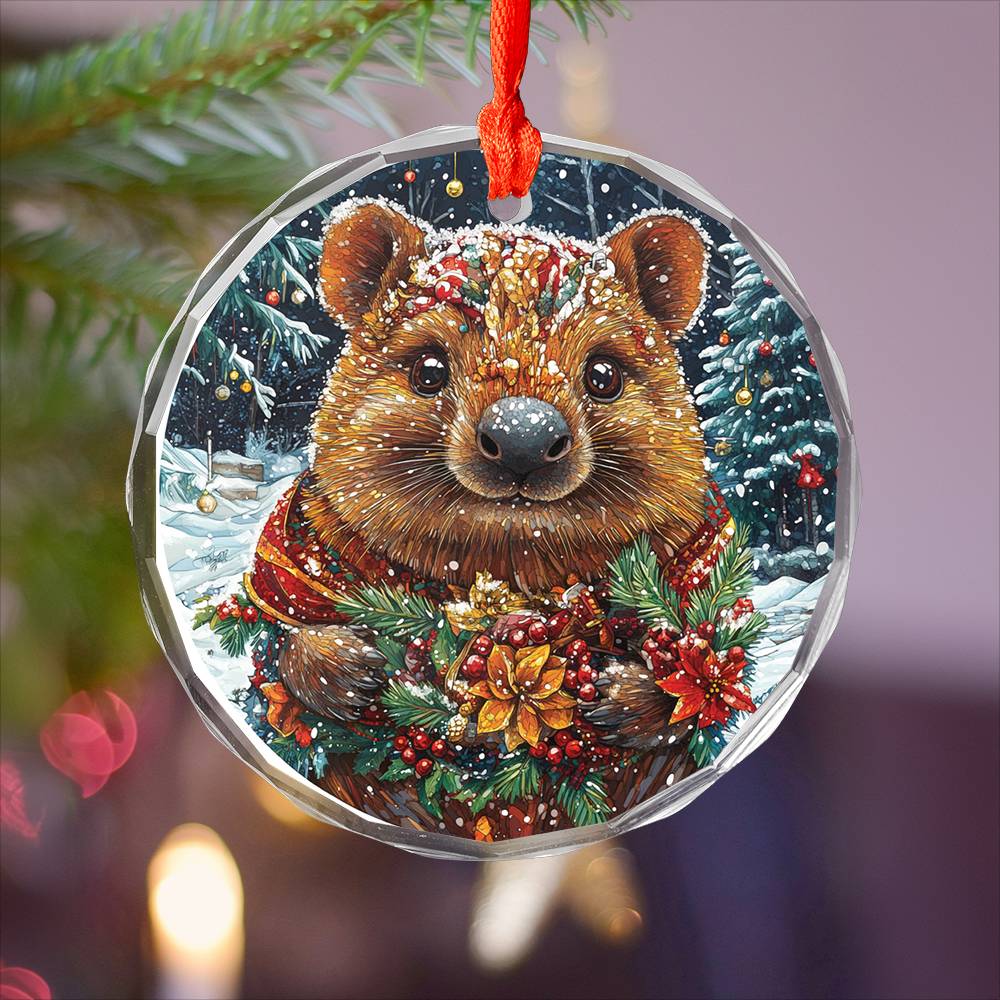 Beautiful Angus Wombat Christmas Night Design 1 Glass Ornament