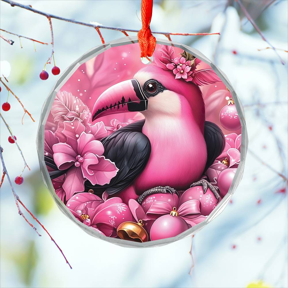 Toucan Pink Christmas Design 2 Glass Ornament