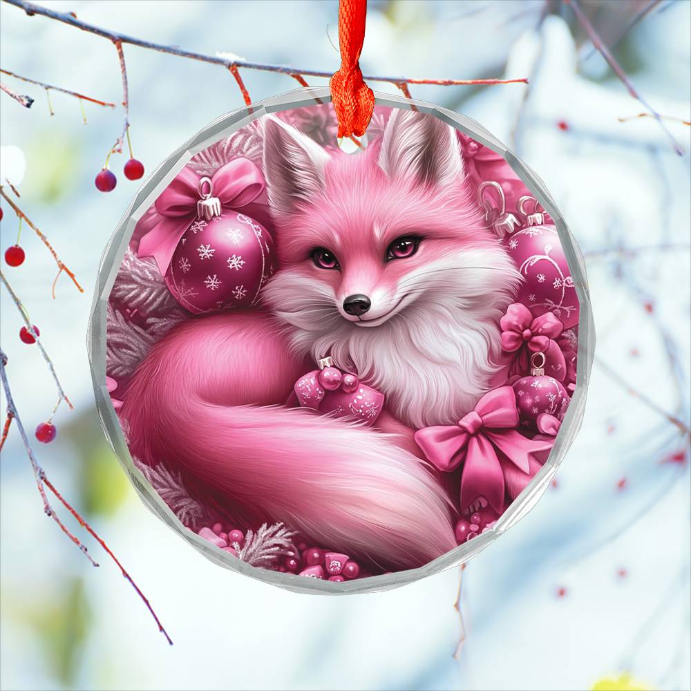 Fox Pink Christmas Design 4 Glass Ornament