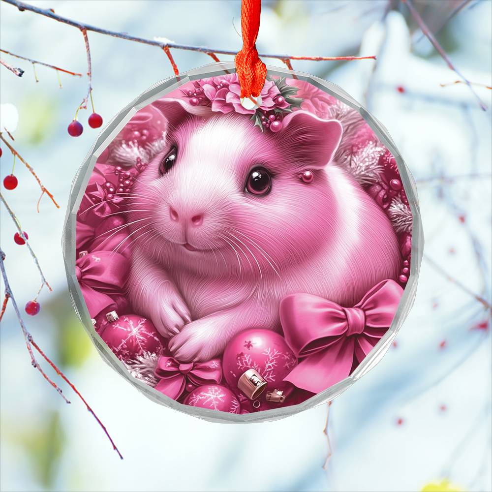 Guinea Pig Pink Christmas Design 3 Glass Ornament