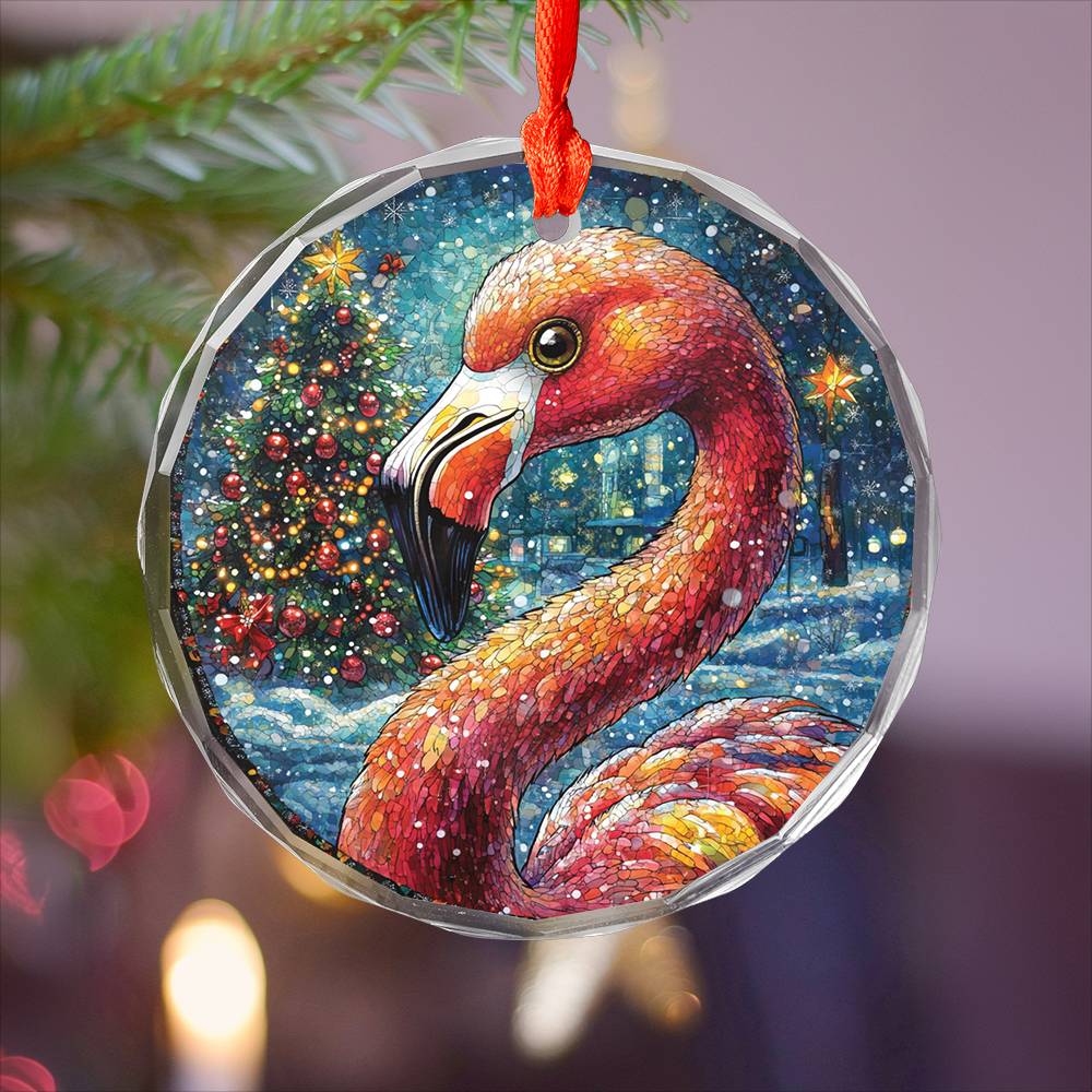 Beautiful Flamingo Christmas Night Design 1 Glass Ornament