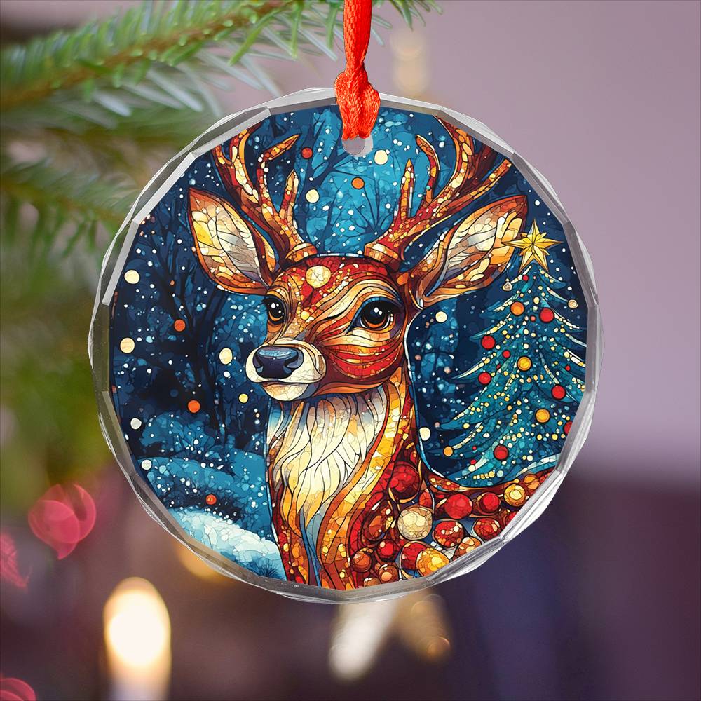 Beautiful Angus Deer Christmas Night Design 3 Glass Ornament