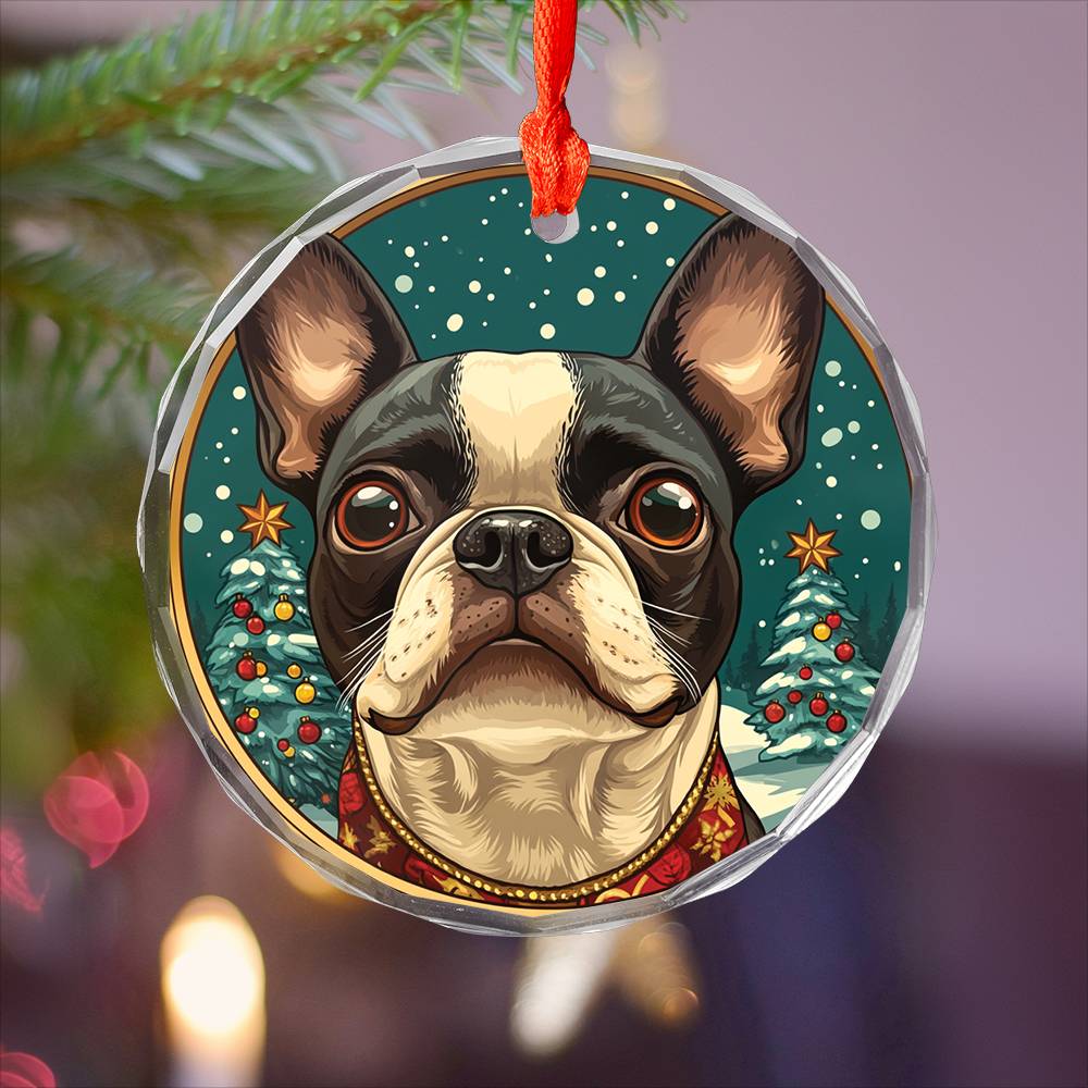 Beautiful Boston Terrier Dog Christmas Night Design 4 Glass Ornament