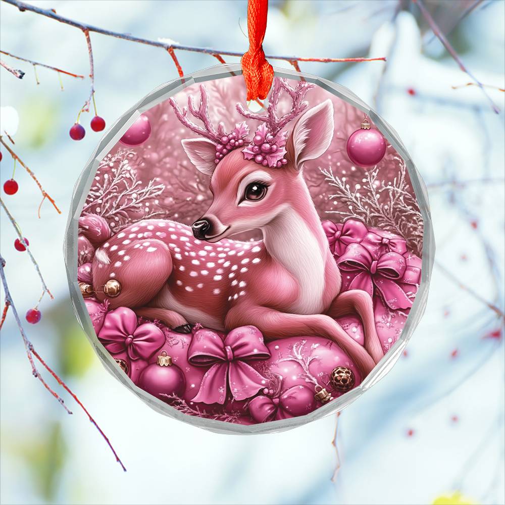 Deer Pink Christmas Design 4 Glass Ornament