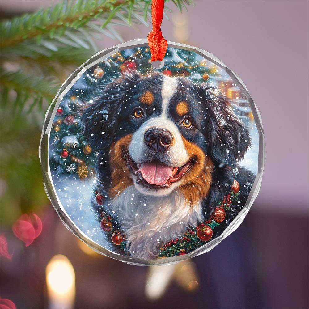 Beautiful Angus Bernese Mountain Dog Christmas Night Design 3 Glass Ornament