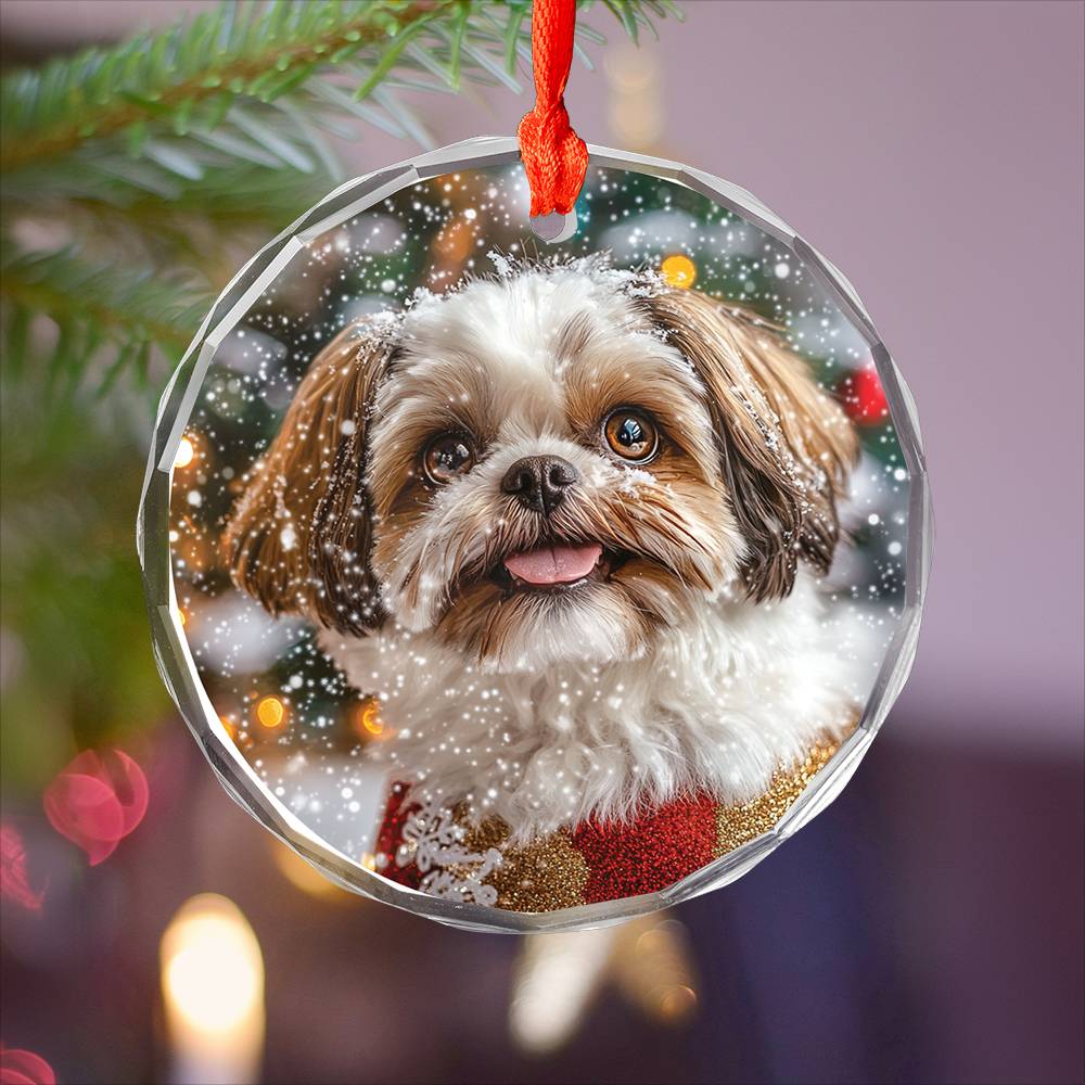 Beautiful Angus Shih Tzu Dog Christmas Night Design 2 Glass Ornament