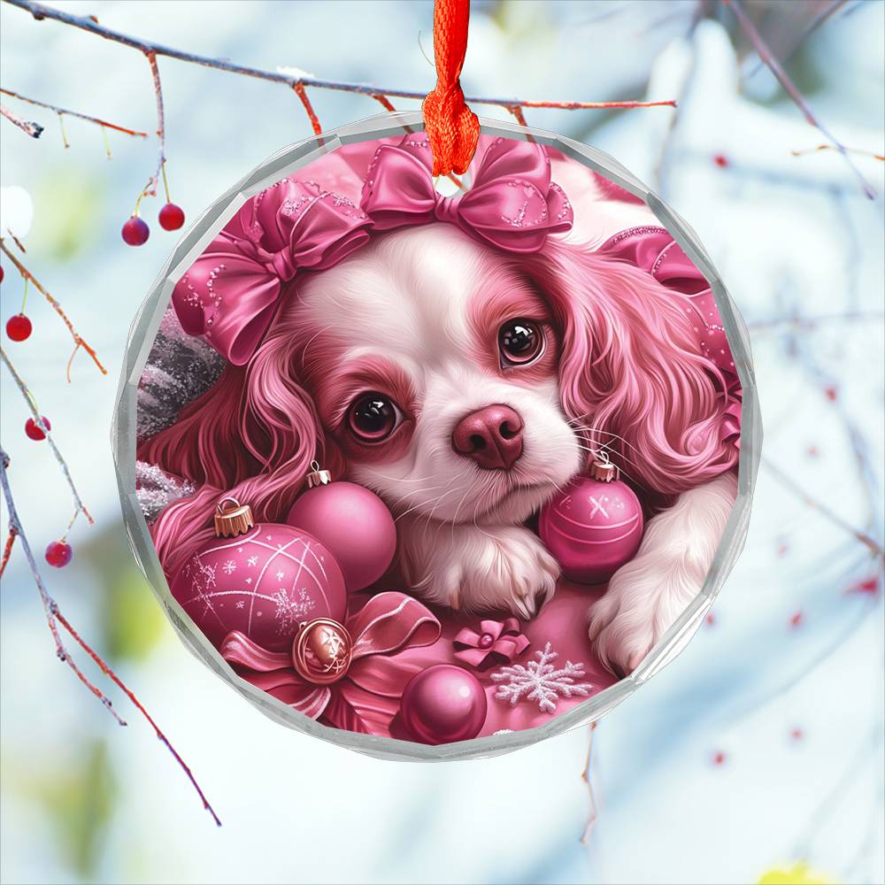 Cavalier King Charles Spaniel Dog Pink Christmas Design 2 Glass Ornament
