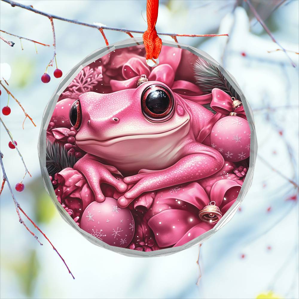 Frog Pink Christmas Design 3 Glass Ornament