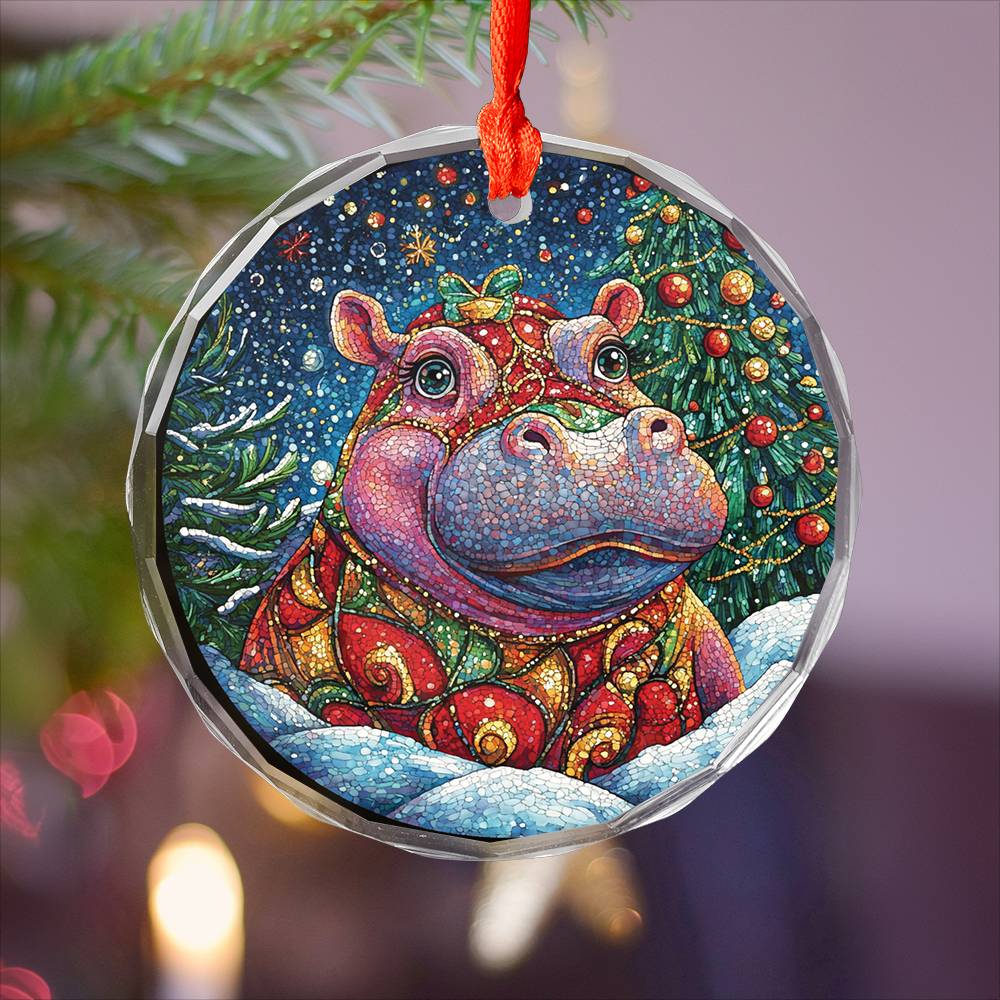 Beautiful Hippo Christmas Night Design 2 Glass Ornament
