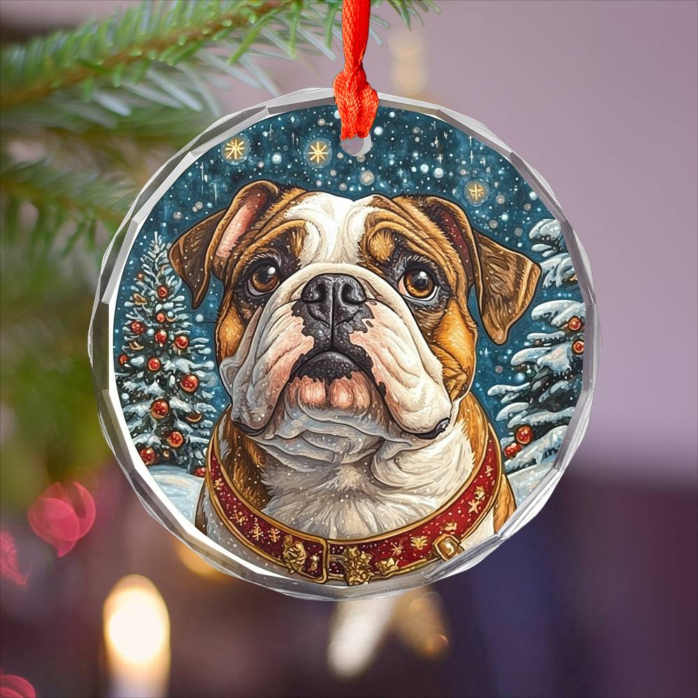 Beautiful Angus Bulldog Dog Christmas Night Design 3 Glass Ornament