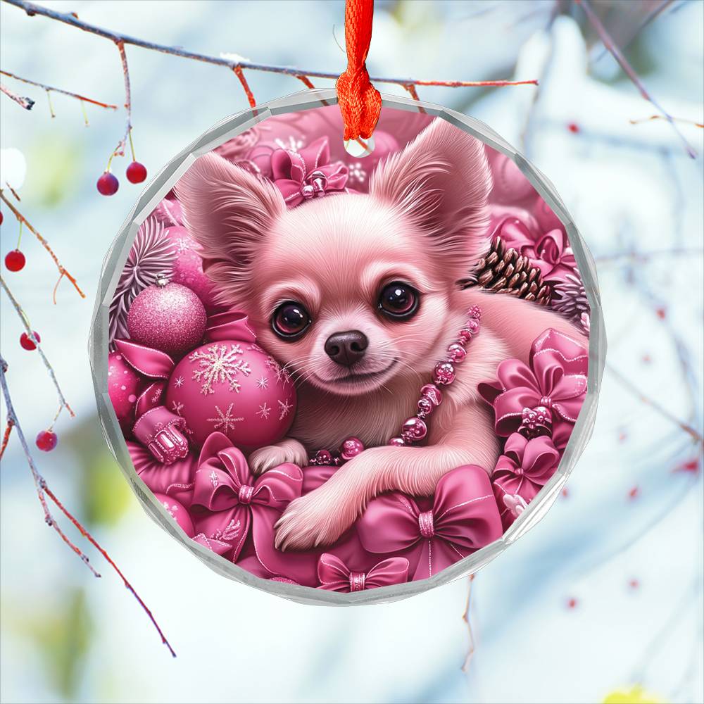 Chihuahua Dog Pink Christmas Design 3 Glass Ornament