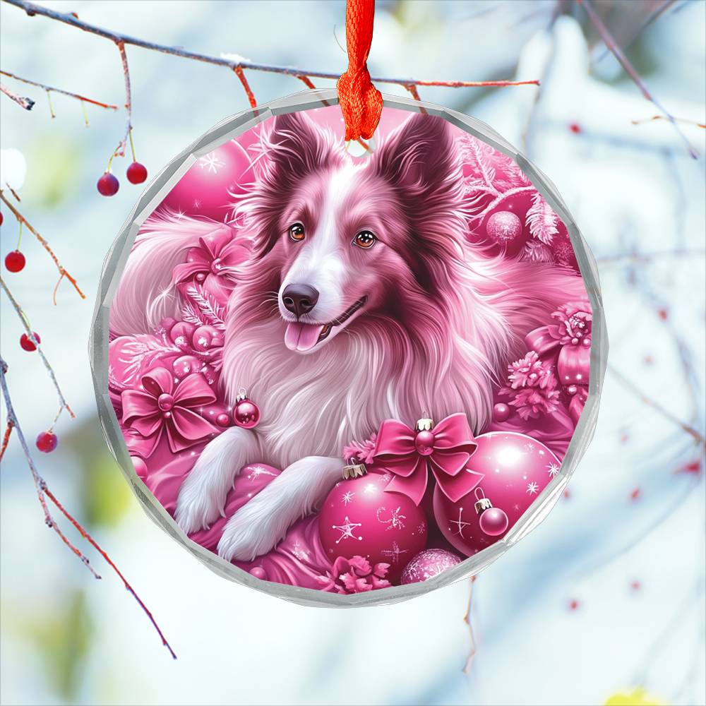 Collie Dog Pink Christmas Design 3 Glass Ornament