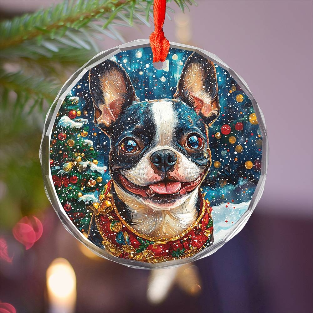 Beautiful Boston Terrier Dog Christmas Night Design 2 Glass Ornament