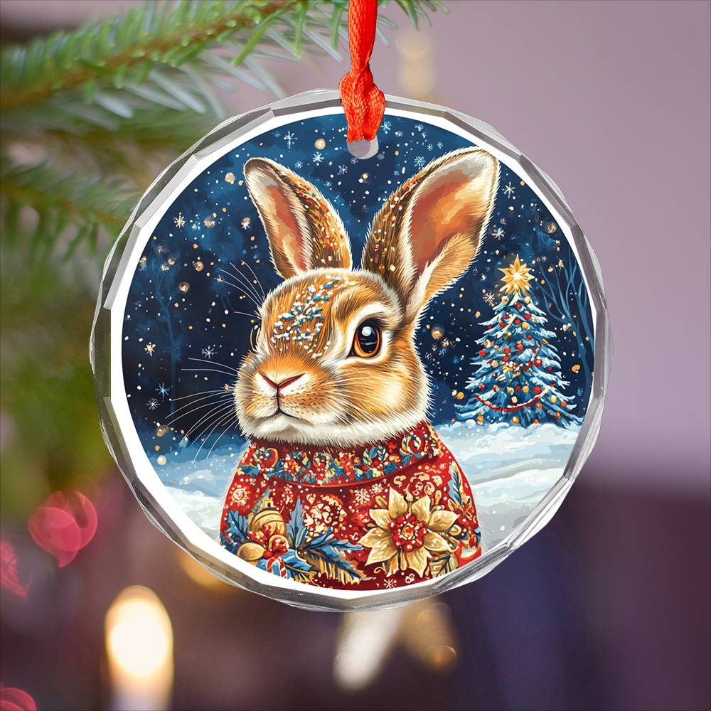 Beautiful Rabbit Christmas Night Design 4 Glass Ornament