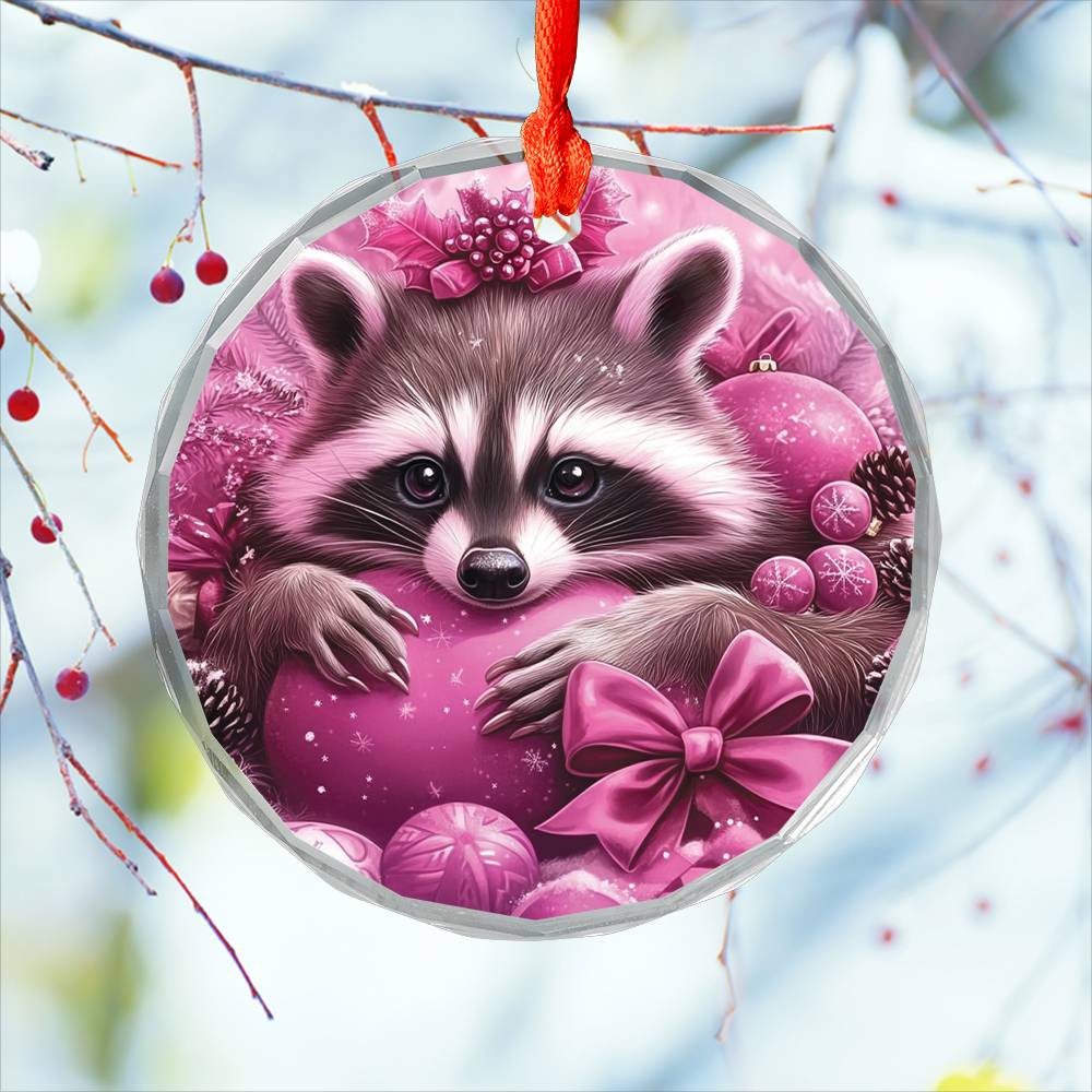 Racoon Pink Christmas Design 3 Glass Ornament