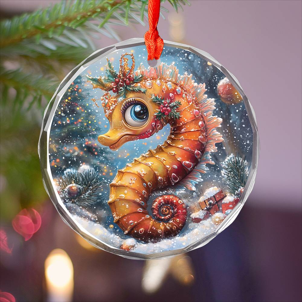 Beautiful Angus Seahorse Christmas Night Design 2 Glass Ornament