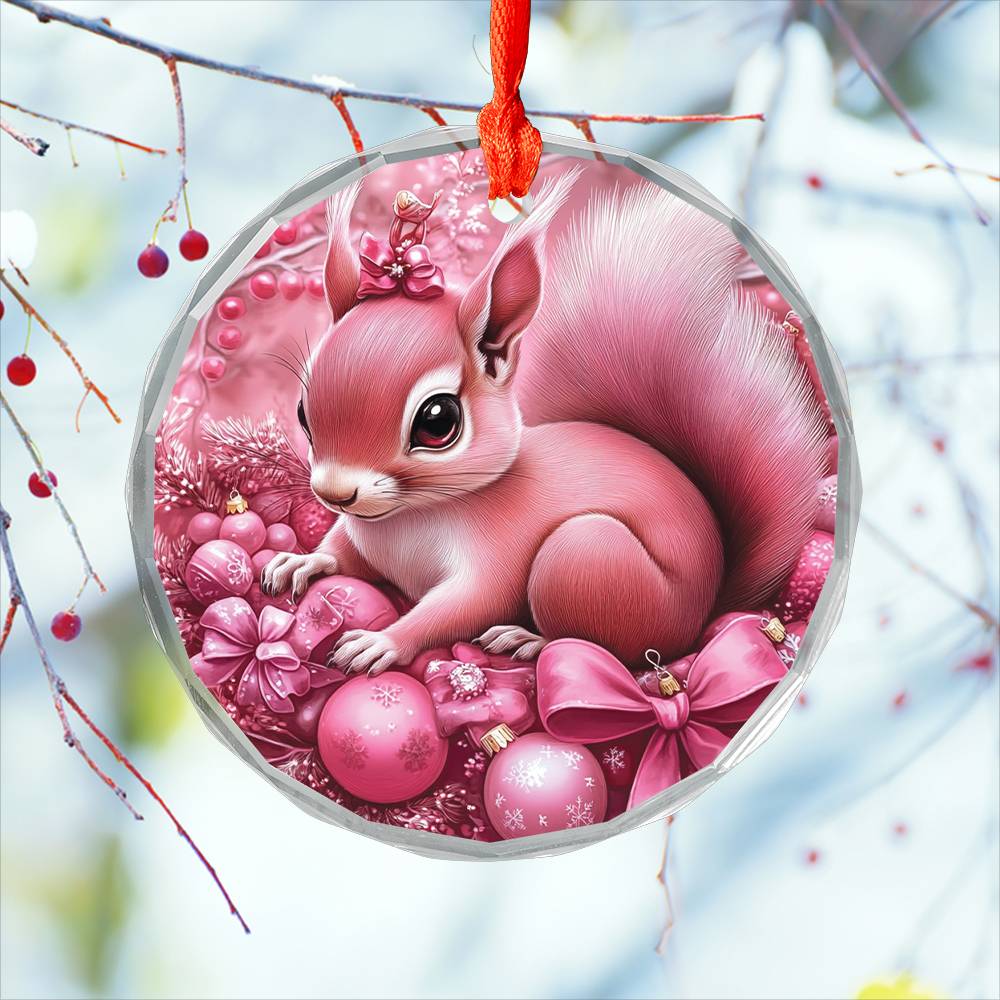 Squirrel Pink Christmas Design 3 Glass Ornament