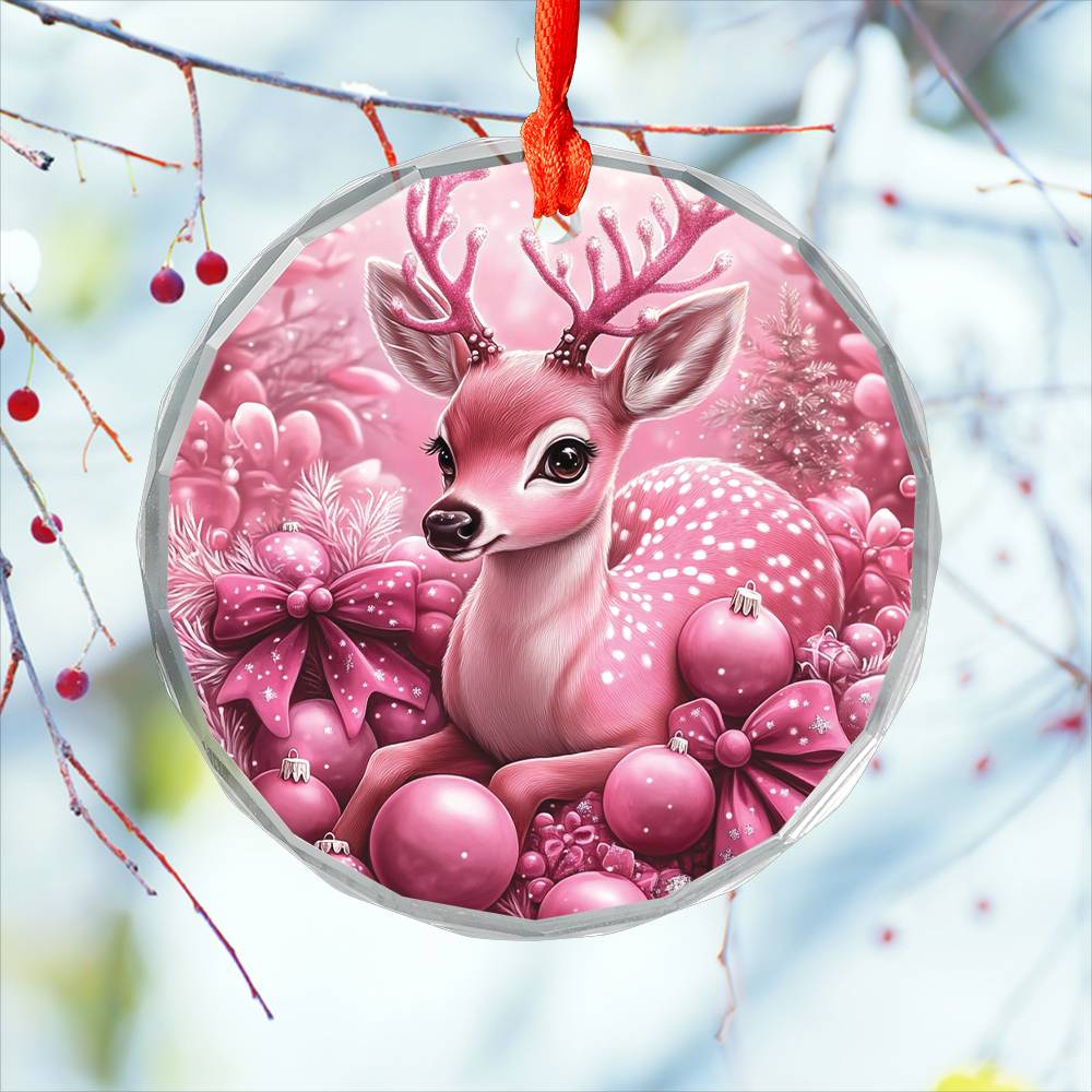 Deer Pink Christmas Design 3 Glass Ornament