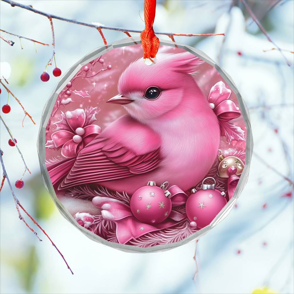 Songbird Pink Christmas Design 4 Glass Ornament