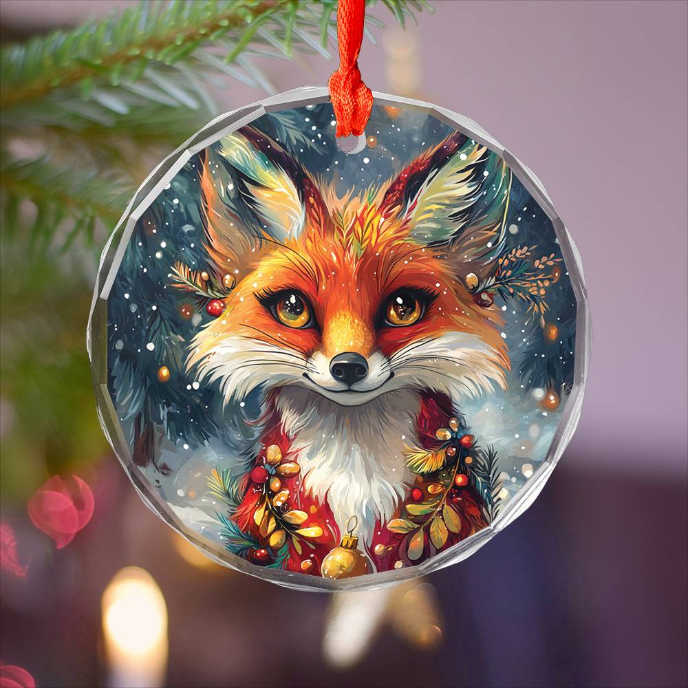 Beautiful Angus Fox Christmas Night Design 3 Glass Ornament