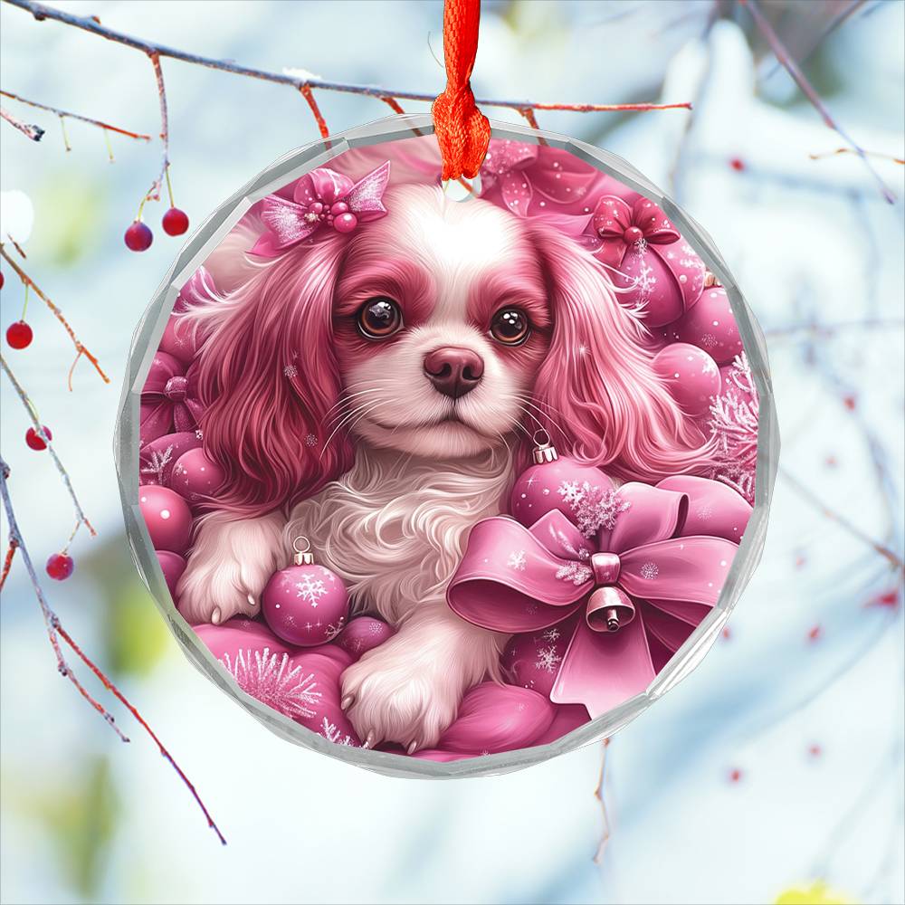 Cavalier King Charles Spaniel Dog Pink Christmas Design 3 Glass Ornament
