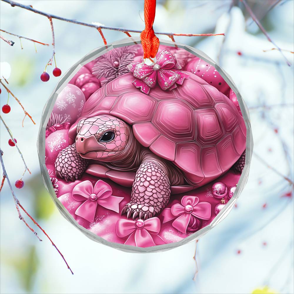 Tortoise Pink Christmas Design 3 Glass Ornament