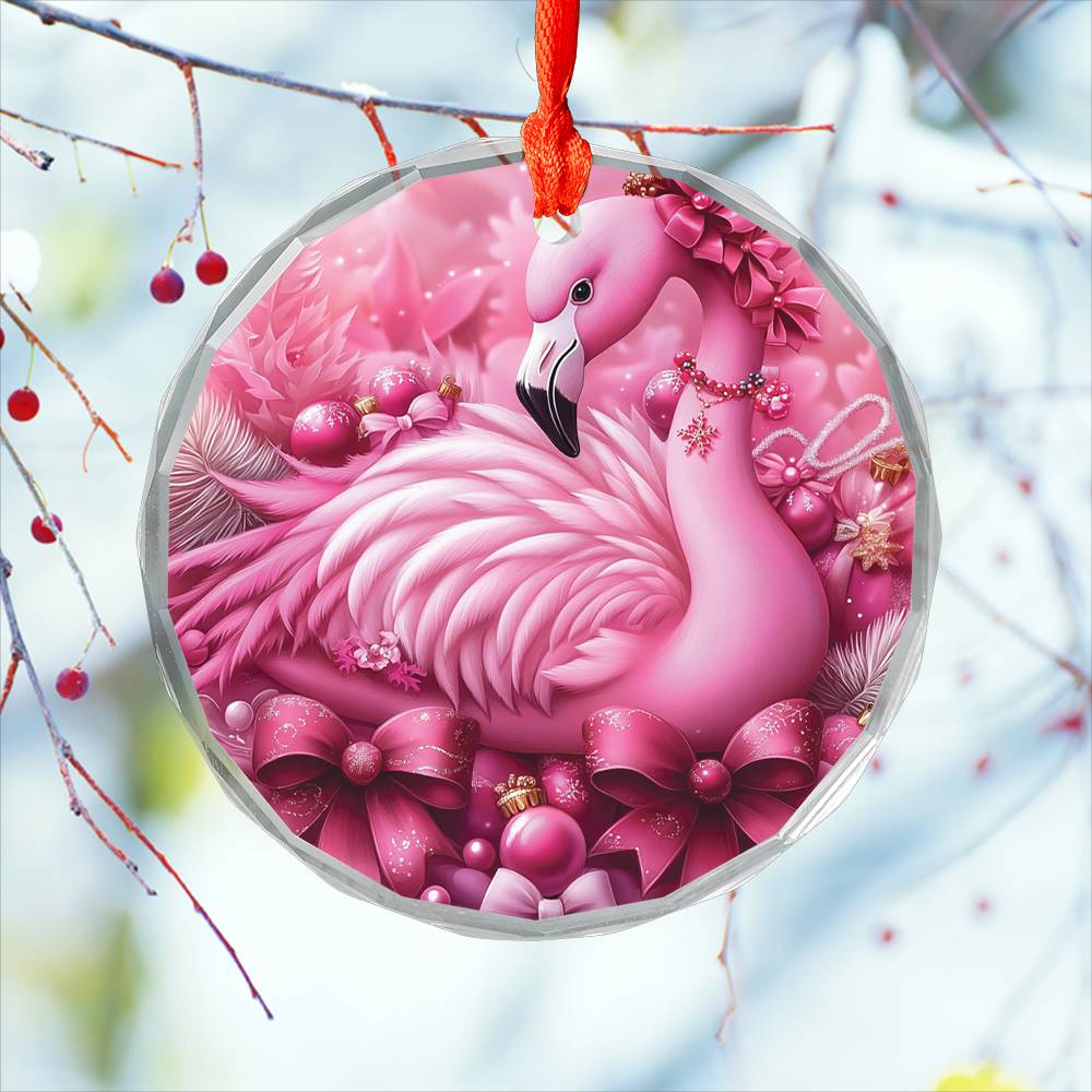 Flamingo Pink Christmas Design 3 Glass Ornament