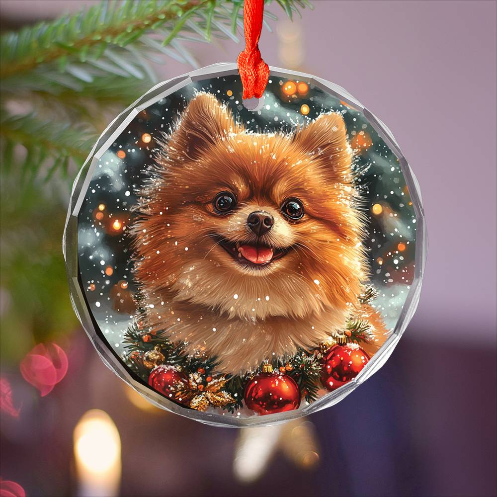 Beautiful Angus Pomeranian Dog Christmas Night Design 4 Glass Ornament