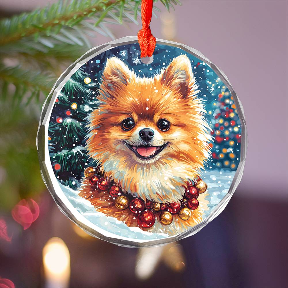Beautiful Angus Pomeranian Dog Christmas Night Design 3 Glass Ornament